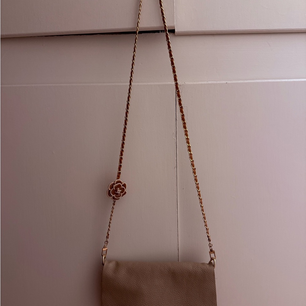 Purse Strap Crossbody Camellia Gold Tone & Brown Vegan Leather Braided Chain NEW